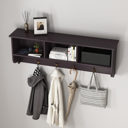 Wall-Mounted Coat Rack with 4 Dual Hooks & Storage Shelf — Entryway Organizer, MDF Wood (Espresso, 38.6" Wide)