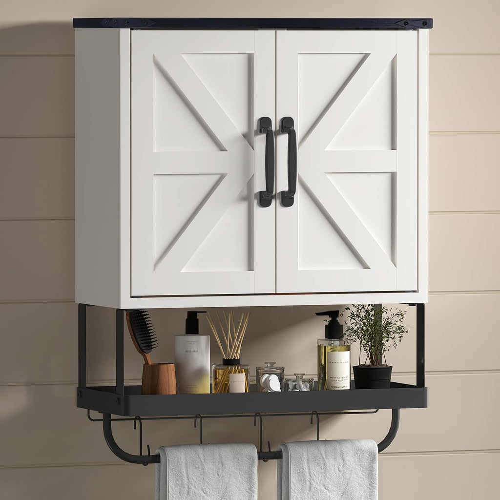 Farmhouse Bathroom Wall Cabinet with 2 Barn Doors, Adjustable Shelf & Towel Bar — Wall-Mount or Freestanding (White)