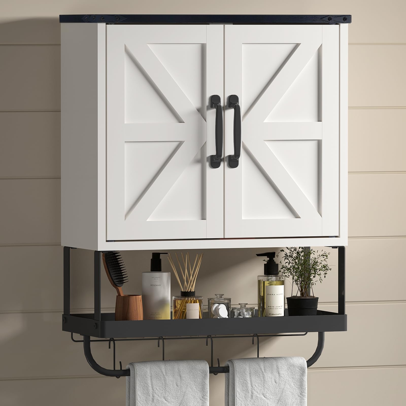 Farmhouse Bathroom Wall Cabinet with 2 Barn Doors, Adjustable Shelf & Towel Bar — Wall-Mount or Freestanding (White)