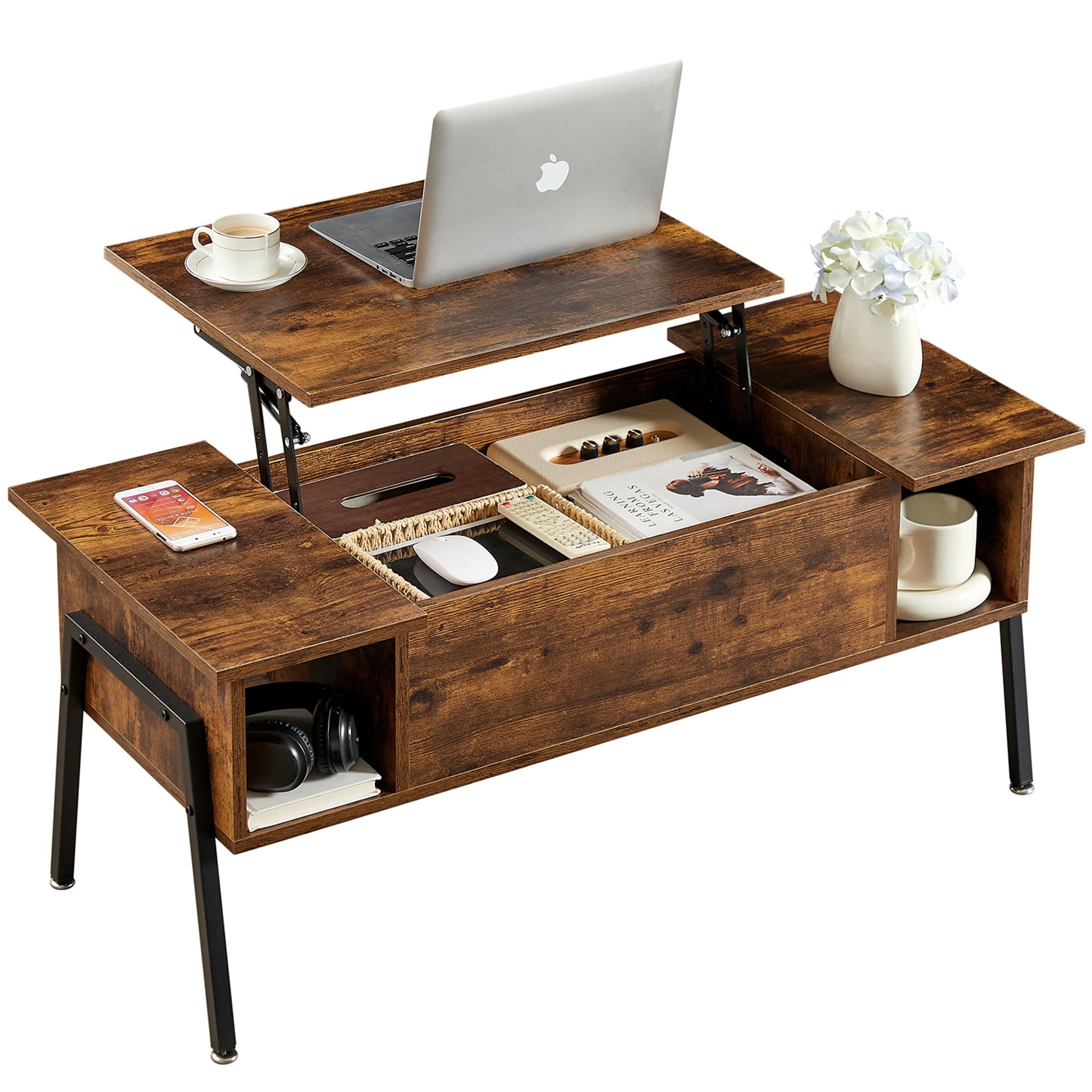 Lift-Top Coffee Table with Hidden Compartment & Side Storage Shelves — Adjustable Height, Wood Grain (Brown)