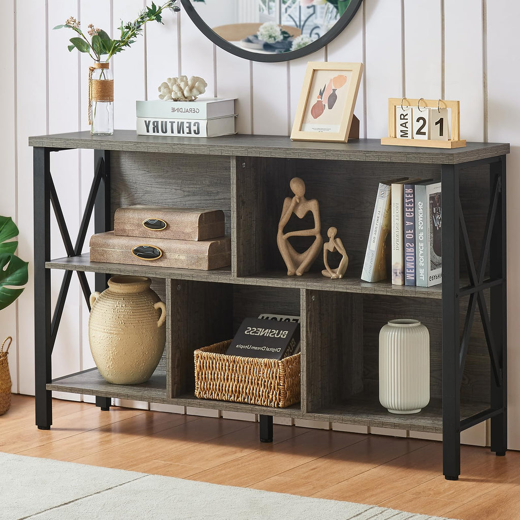 5-Cube Industrial Horizontal Bookshelf & TV Stand — 3-Tier Low Wide Bookcase (Grey, 47")
