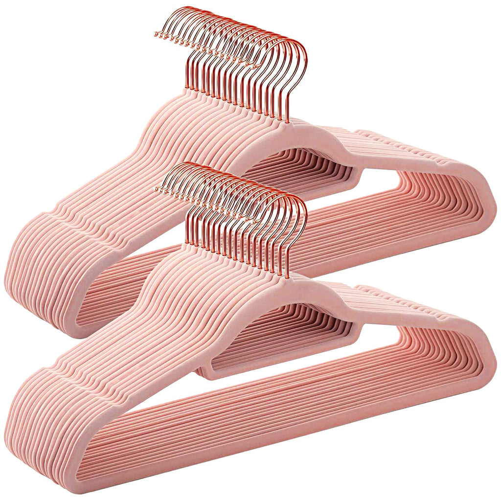 Slim Velvet Hangers with Tie Bar — 50 Pack (Pink)
