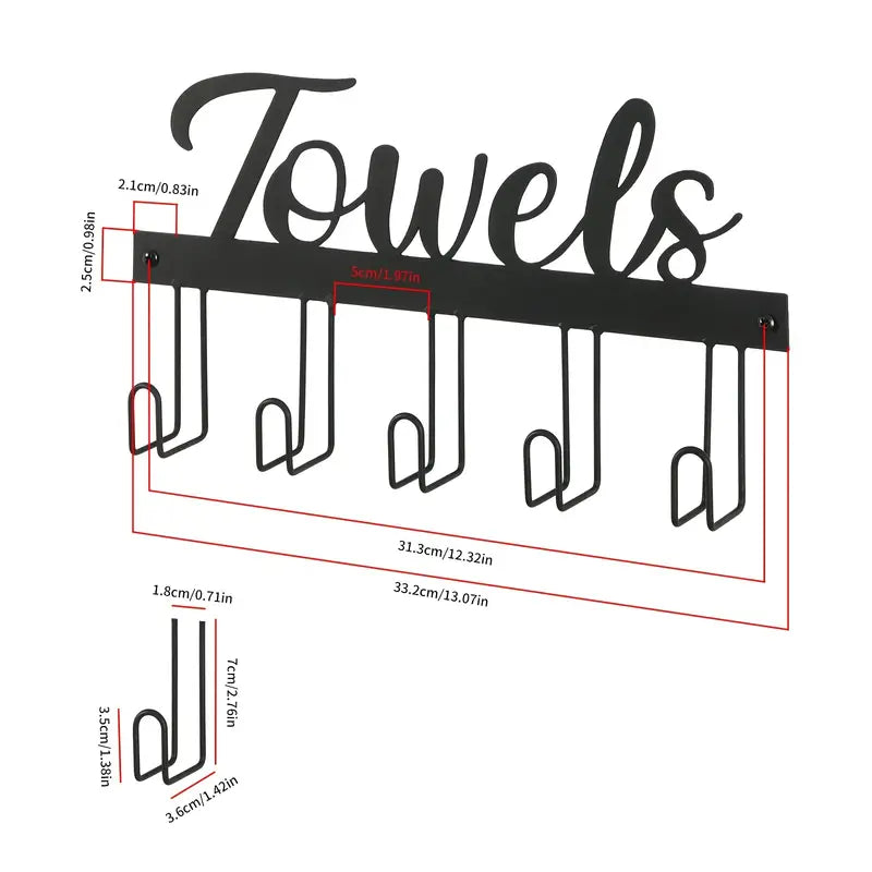 Bathroom Wall Towel Rack with 5 Hooks and Hanger