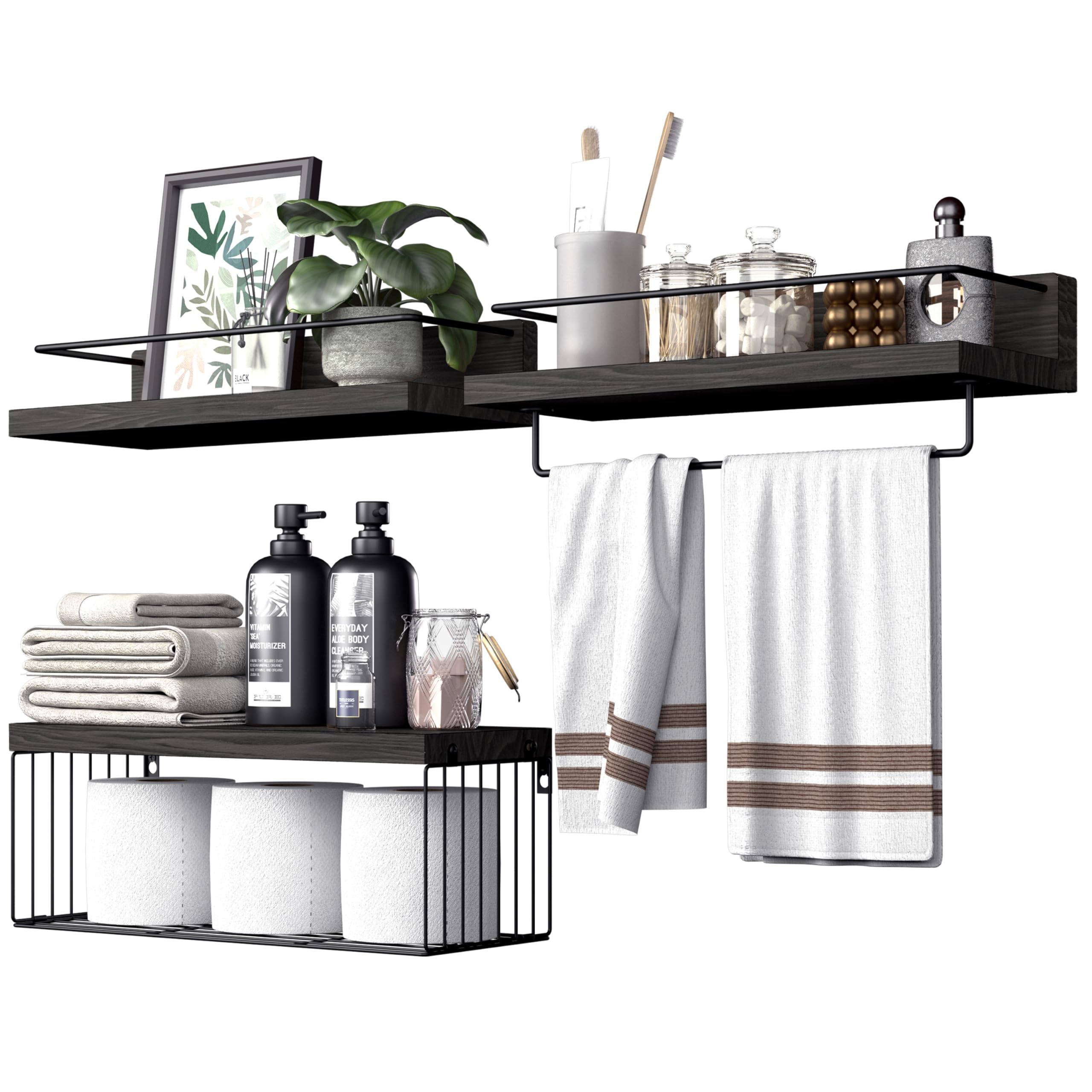 Bathroom Wall Shelves with Storage Basket & Towel Rack — Set of 3 Floating Shelves, 15.7" (Black)