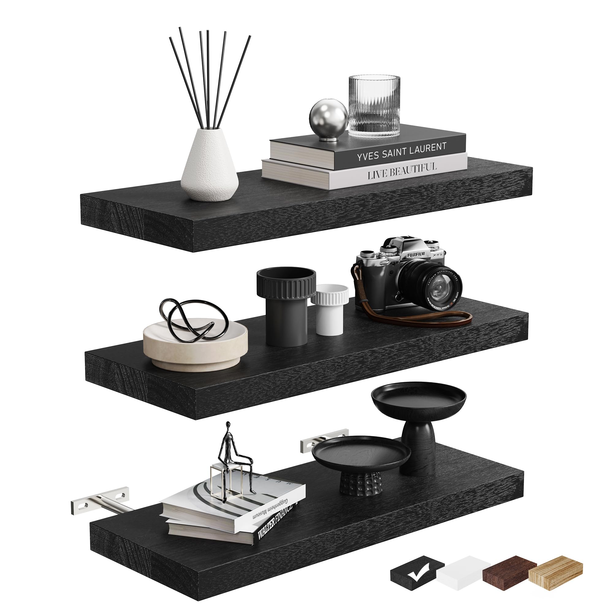 Farmhouse Floating Wall Shelves — Set of 2, 16" Paulownia Wood with Hidden Brackets (Black)