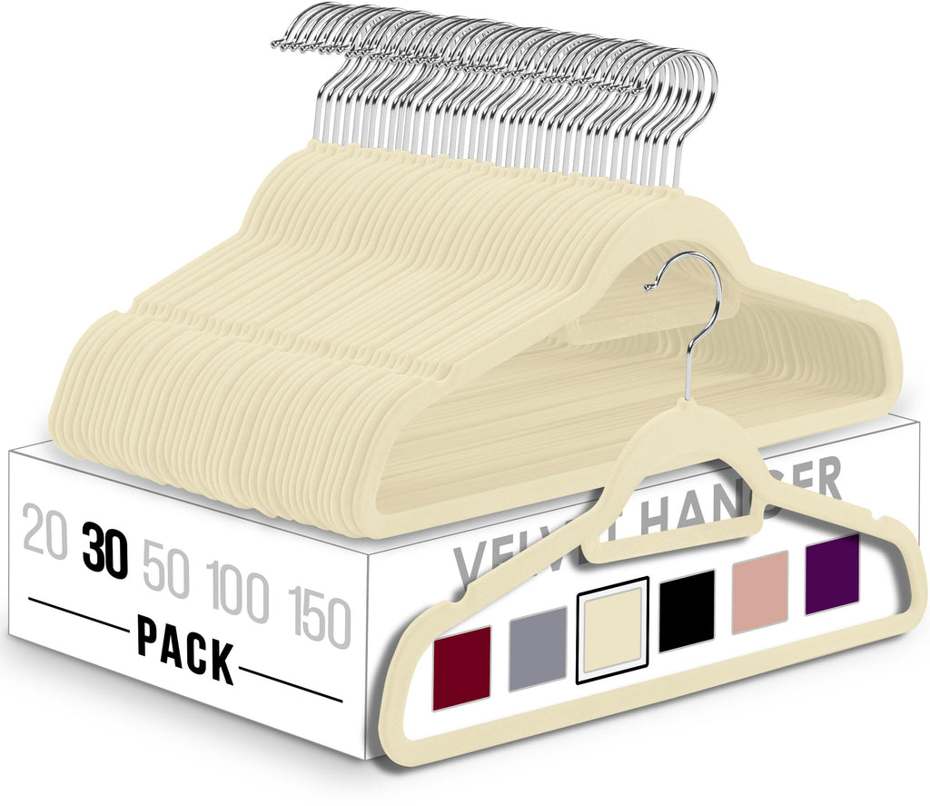 Premium Velvet Hangers with Tie Bar — 30 Pack (Ivory)