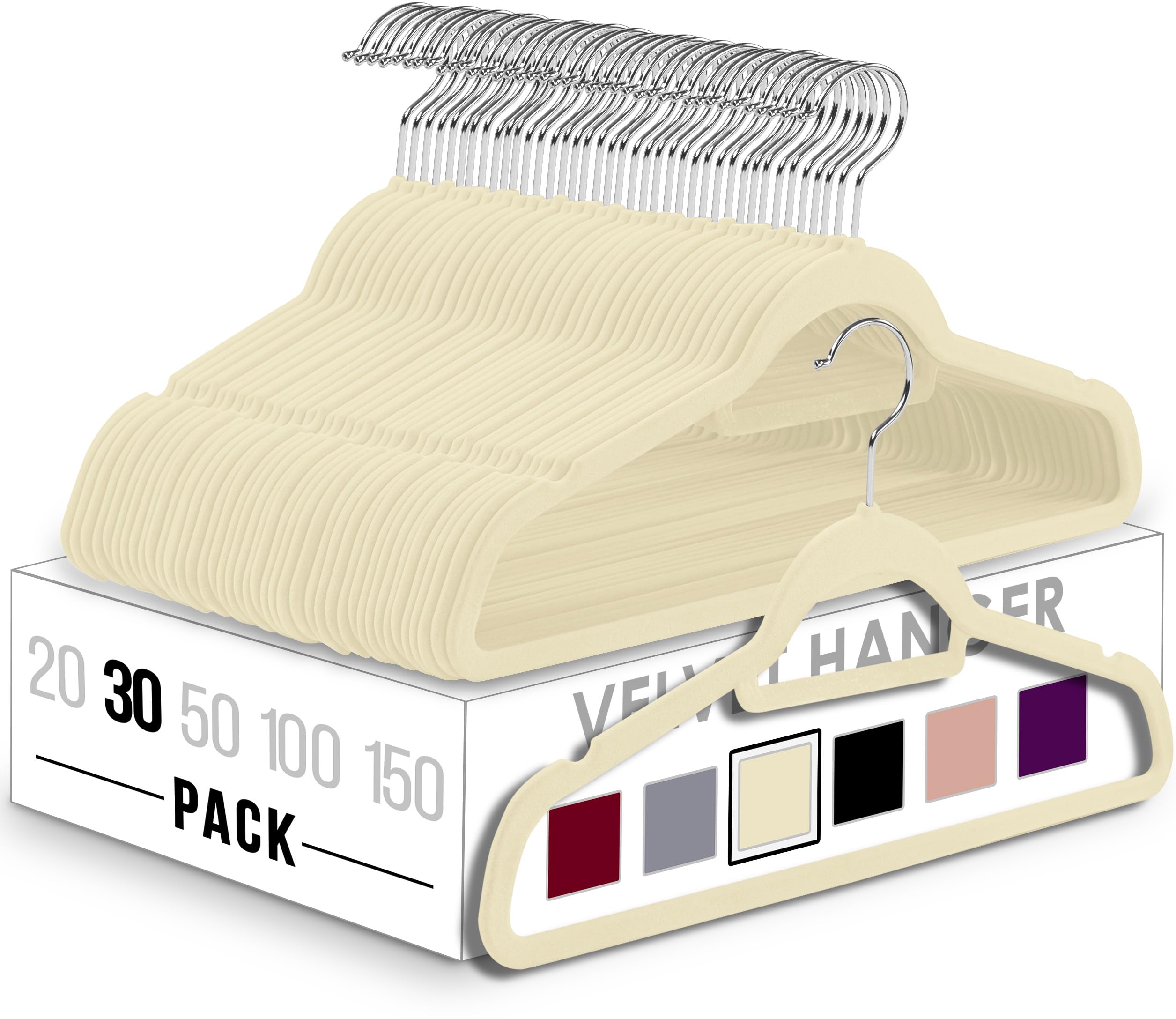 Premium Velvet Hangers with Tie Bar — 30 Pack (Ivory)