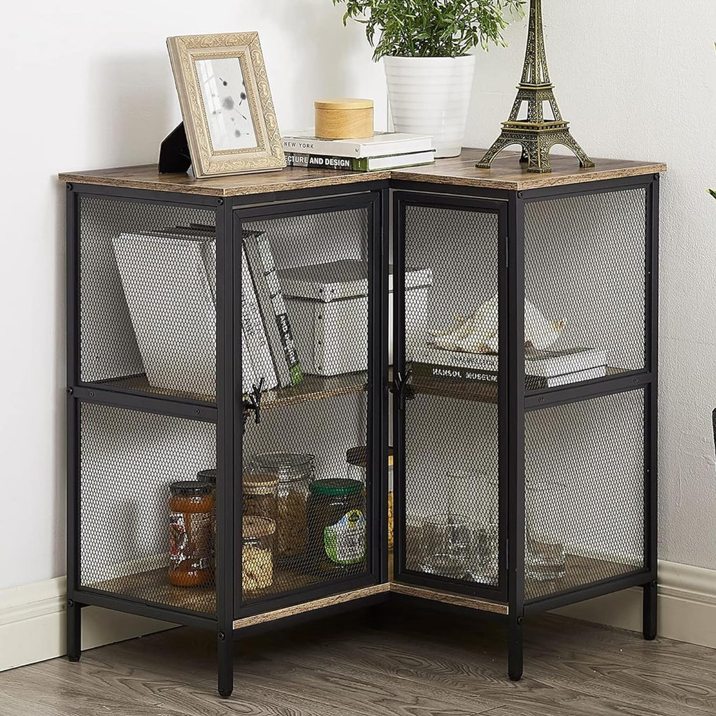 3-Tier Corner Cabinet with Doors & Storage Shelves — Industrial TV Stand & Multipurpose Corner Table (Grey)