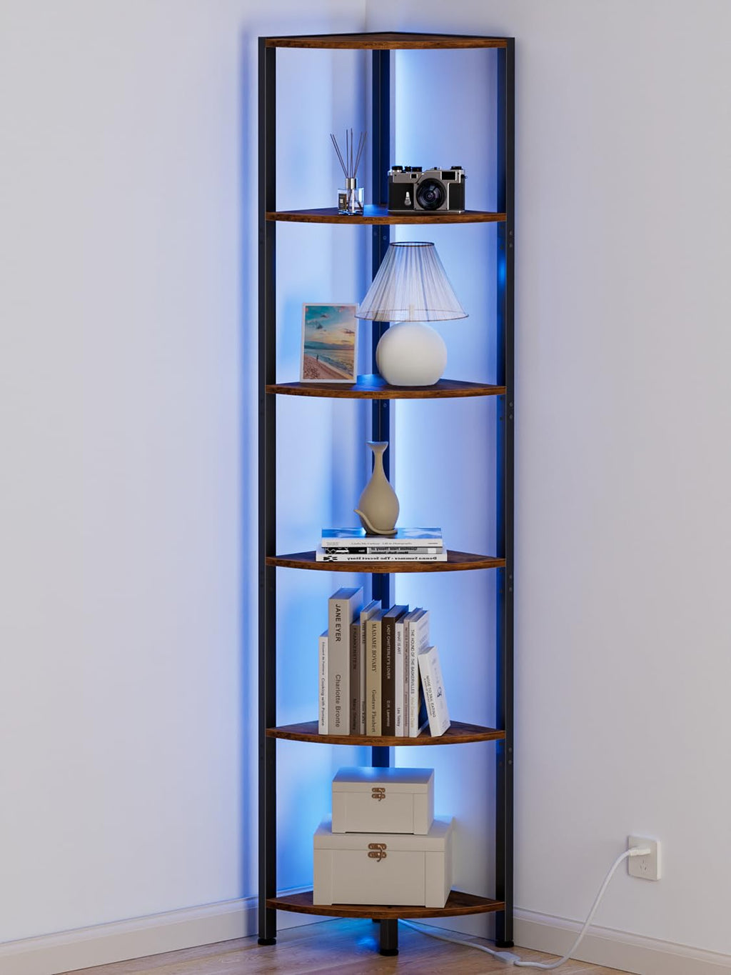 6-Tier Corner Shelf with LED Lights — 67.5" Tall Standing Bookshelf & Display Rack (Rustic Brown)