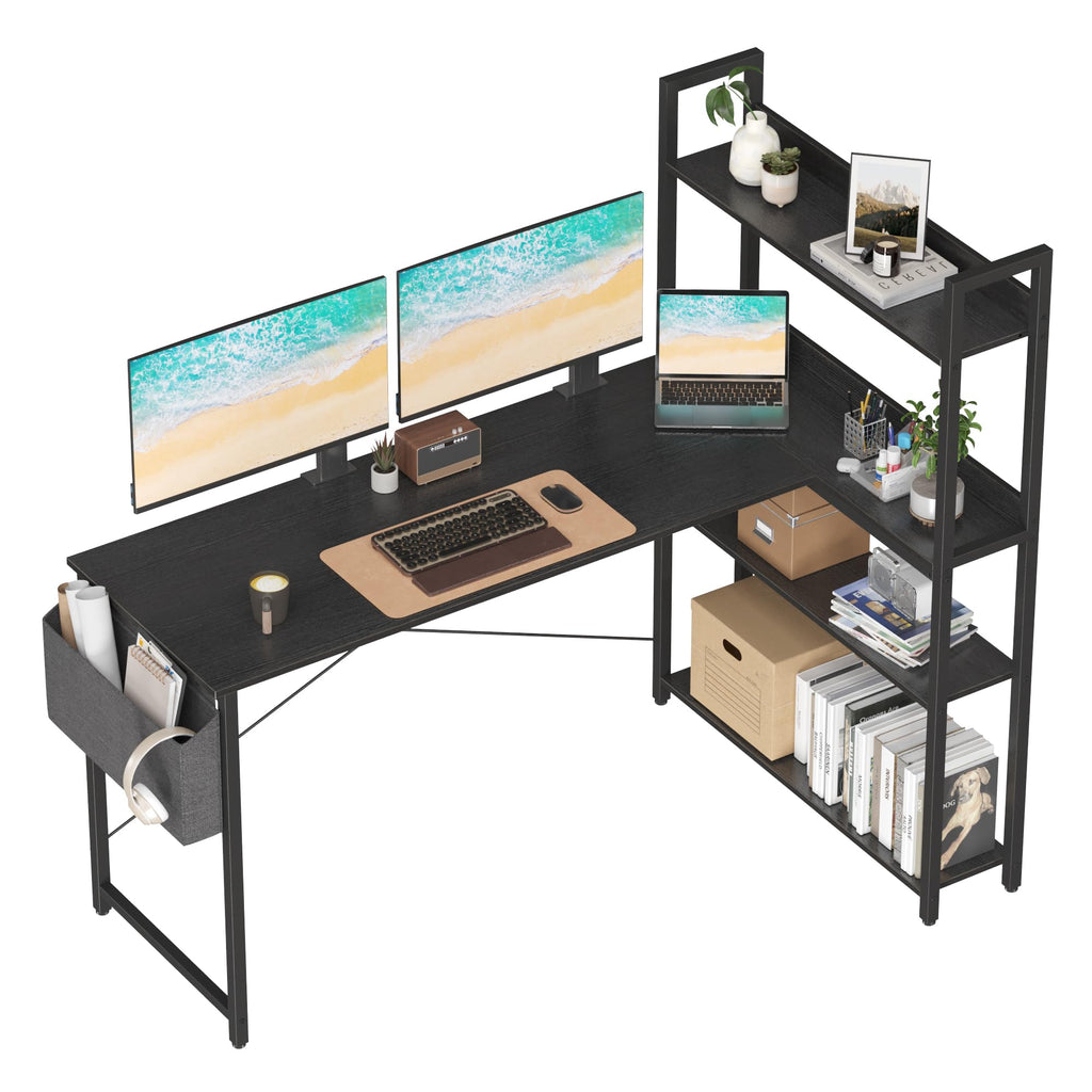 55" L-Shaped Corner Desk with 4-Tier Shelves & Storage — Home Office & Bedroom (Black)