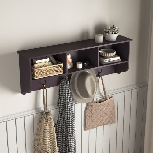Wall-Mounted Coat Rack with 4 Dual Hooks & Storage Shelf — Entryway Organizer, MDF Wood (Espresso, 38.6" Wide)