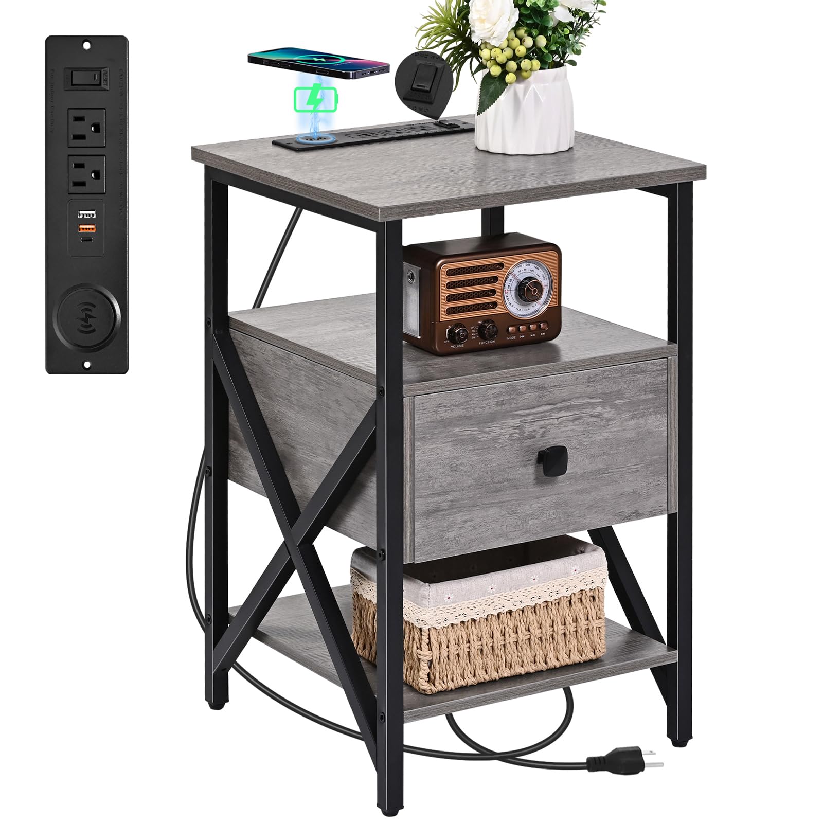 3-Tier End Table with Wireless Charging Station, Wood Drawer & USB Ports (Grey)
