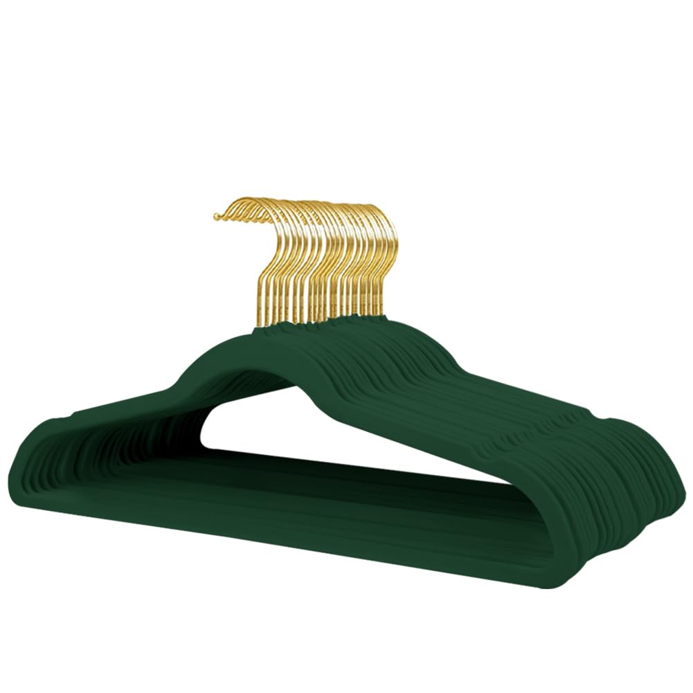 Slim Velvet Clothes Hangers — 22 Pack (Dark Green/Gold)