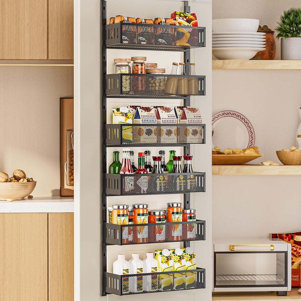 6-Tier Over-the-Door Pantry Organizer with Mesh Baskets & Adjustable Shelves (16" Wide, Black)