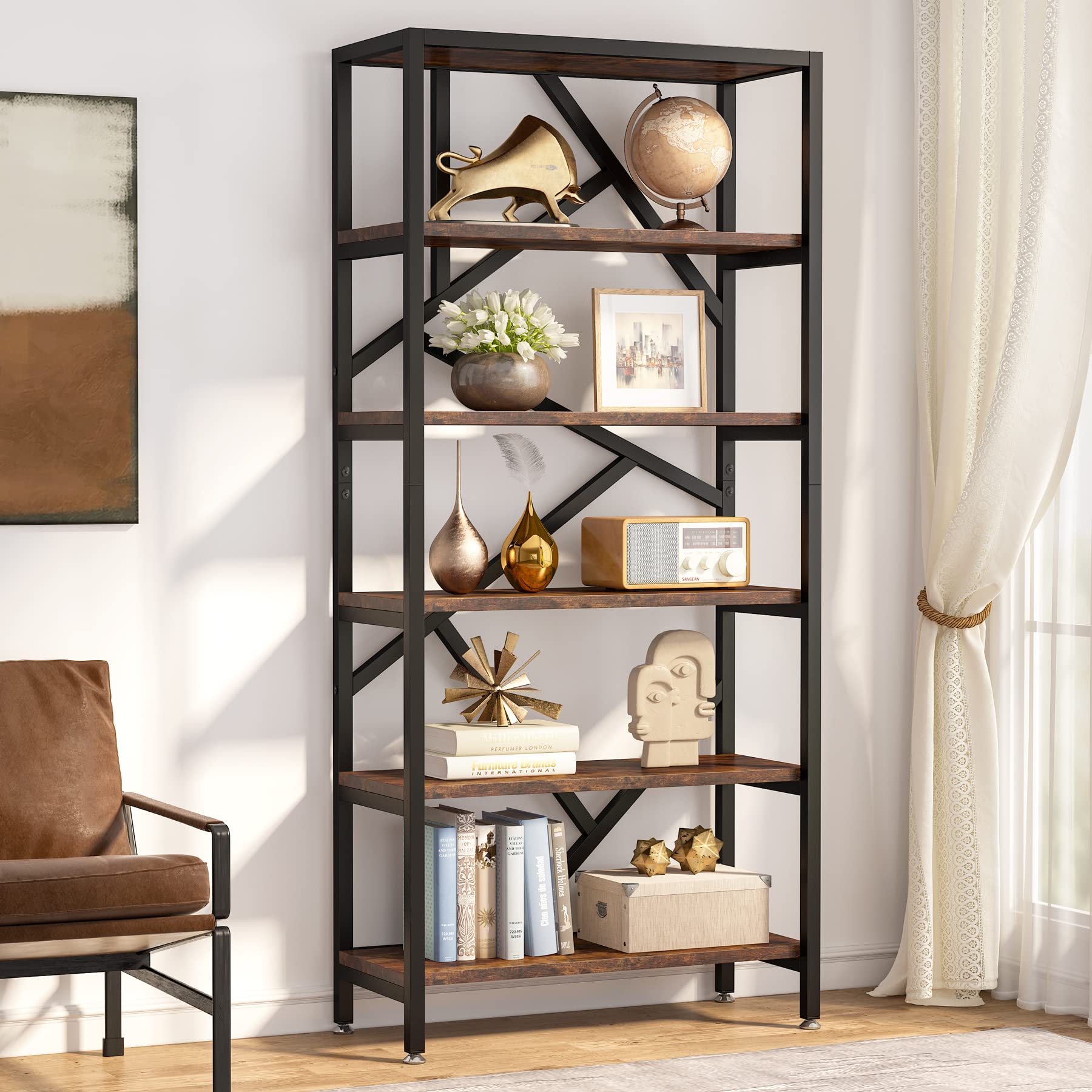 71" Industrial 6-Tier Bookshelf & Display Shelf — Rustic Brown Wood & Black Metal Frame