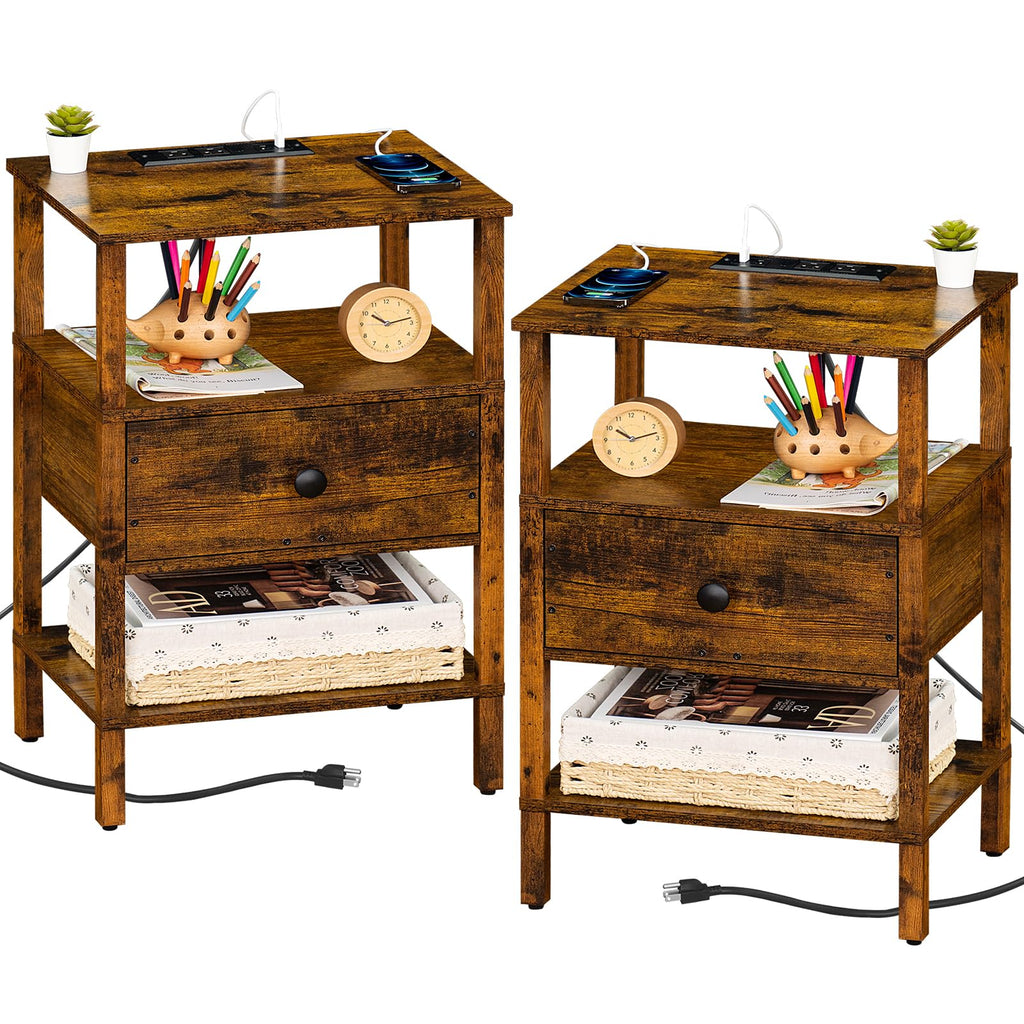 Set of 2 Nightstands with Charging Station, USB Ports & Drawer — 3-Tier Wood Bedside Tables (Brown)