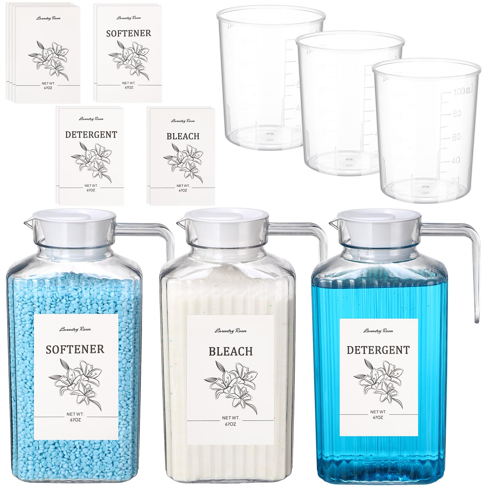 Clear Acrylic Laundry Dispenser Set with Labels & Measuring Cups (68 oz, 3-Pack)