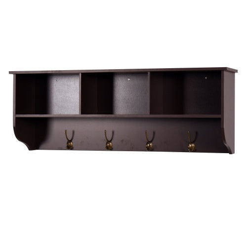 Wall-Mounted Coat Rack with 4 Dual Hooks & Storage Shelf — Entryway Organizer, MDF Wood (Espresso, 38.6" Wide)