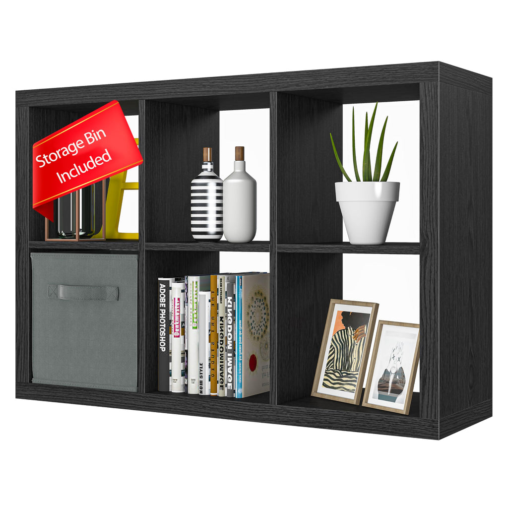 6-Cube Bookshelf with Fabric Storage Bins — Open Bookcase & Display Shelf, Floor-Standing (Black)