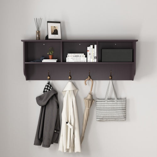 Wall-Mounted Coat Rack with 4 Dual Hooks & Storage Shelf — Entryway Organizer, MDF Wood (Espresso, 38.6" Wide)