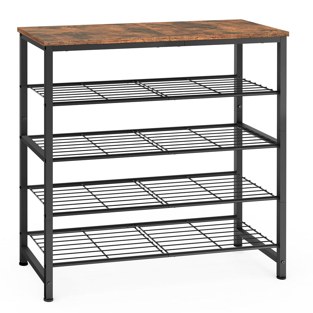 5-Tier Industrial Shoe Rack with Wooden Top & Metal Shelves — Holds 16 Pairs, Entryway Organizer (Rustic Brown, 28.3" Wide)