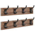 Wall-Mount Coat Rack with 4 Double Hooks — Set of 2 Entryway Organizers (Brown Wood)