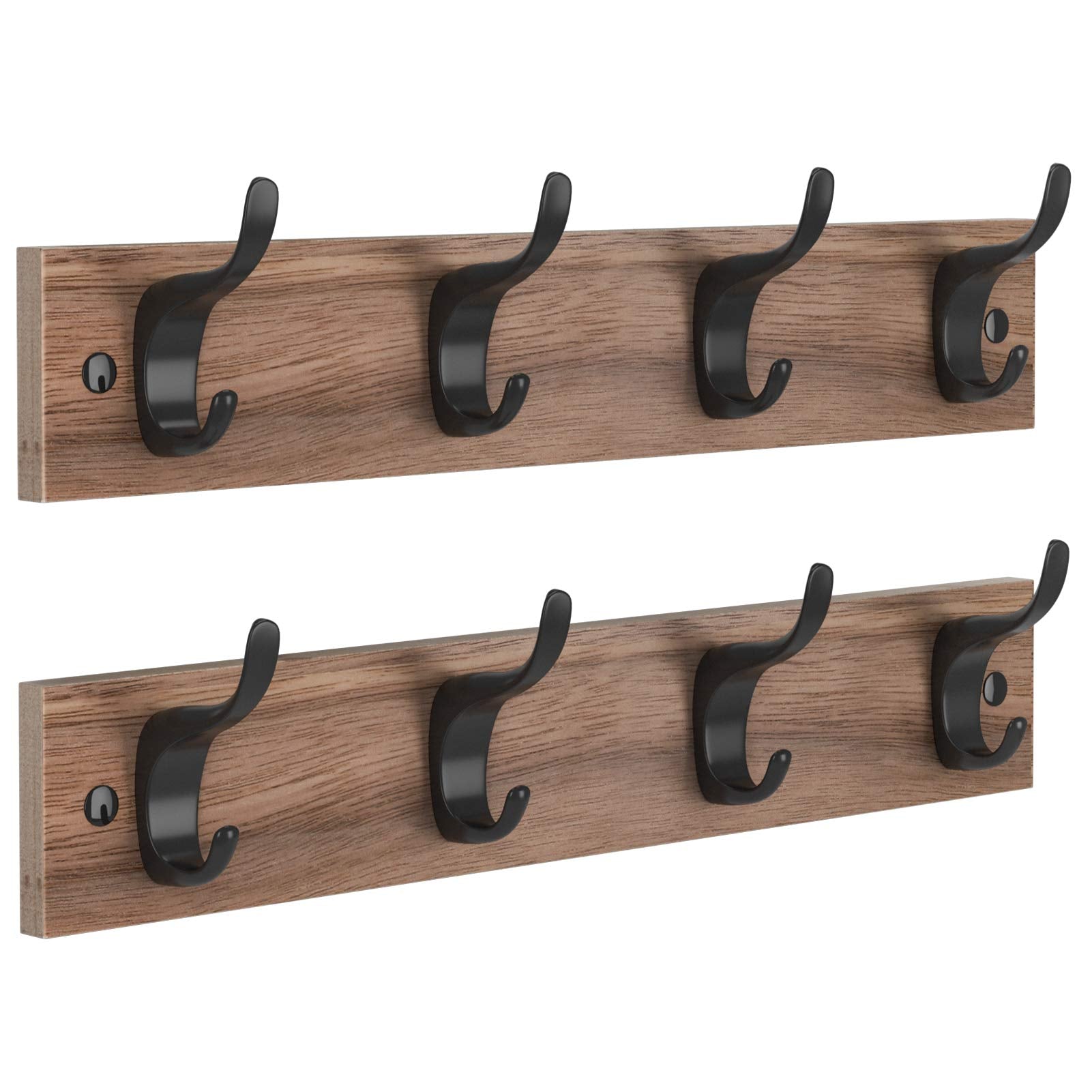 Wall-Mount Coat Rack with 4 Double Hooks — Set of 2 Entryway Organizers (Brown Wood)