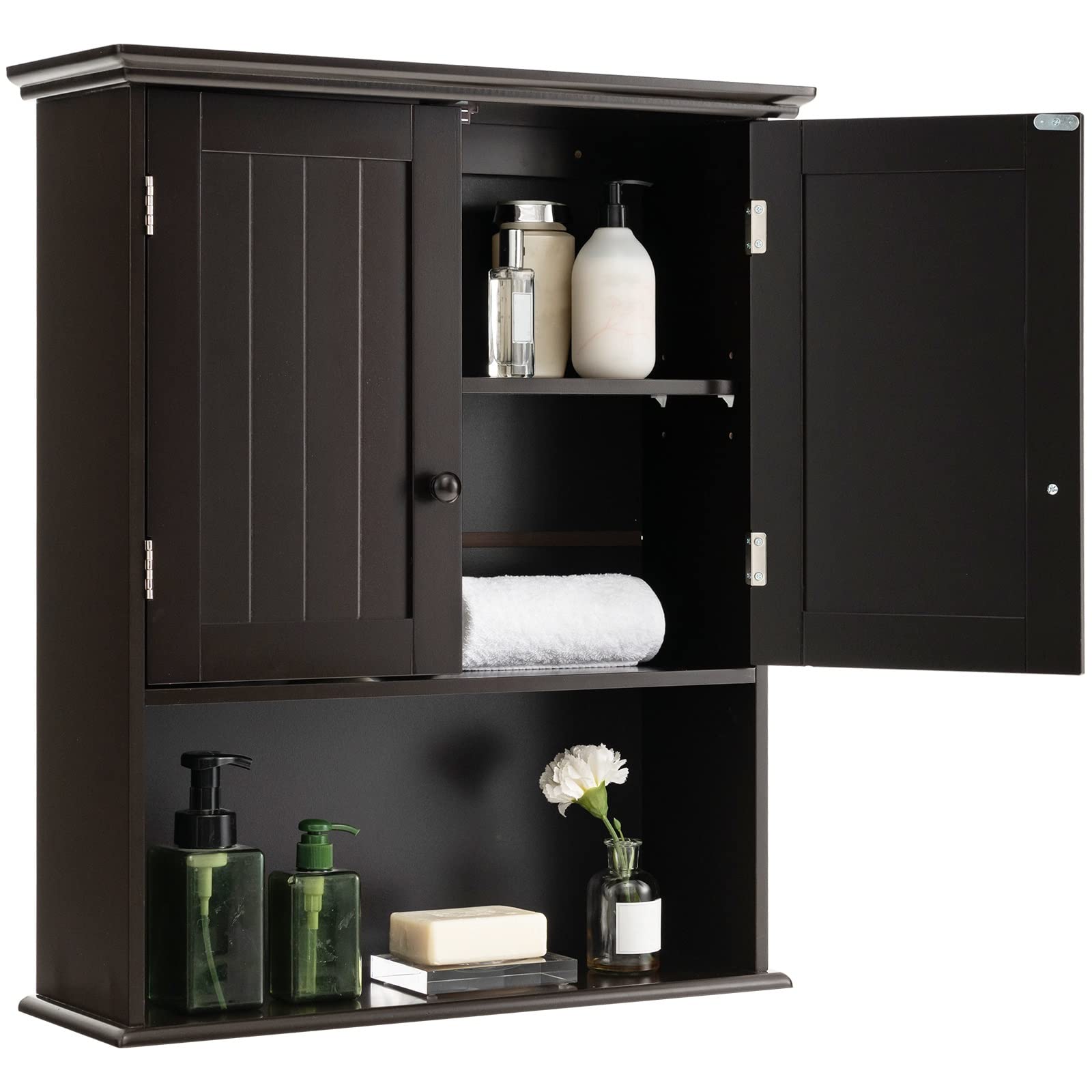 Wall-Mounted Bathroom Cabinet with Double Doors & Adjustable Shelf — Over-Toilet Storage (Brown Wood)