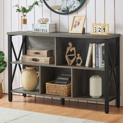 5-Cube Industrial Horizontal Bookshelf & TV Stand — 3-Tier Low Wide Bookcase (Grey, 47")
