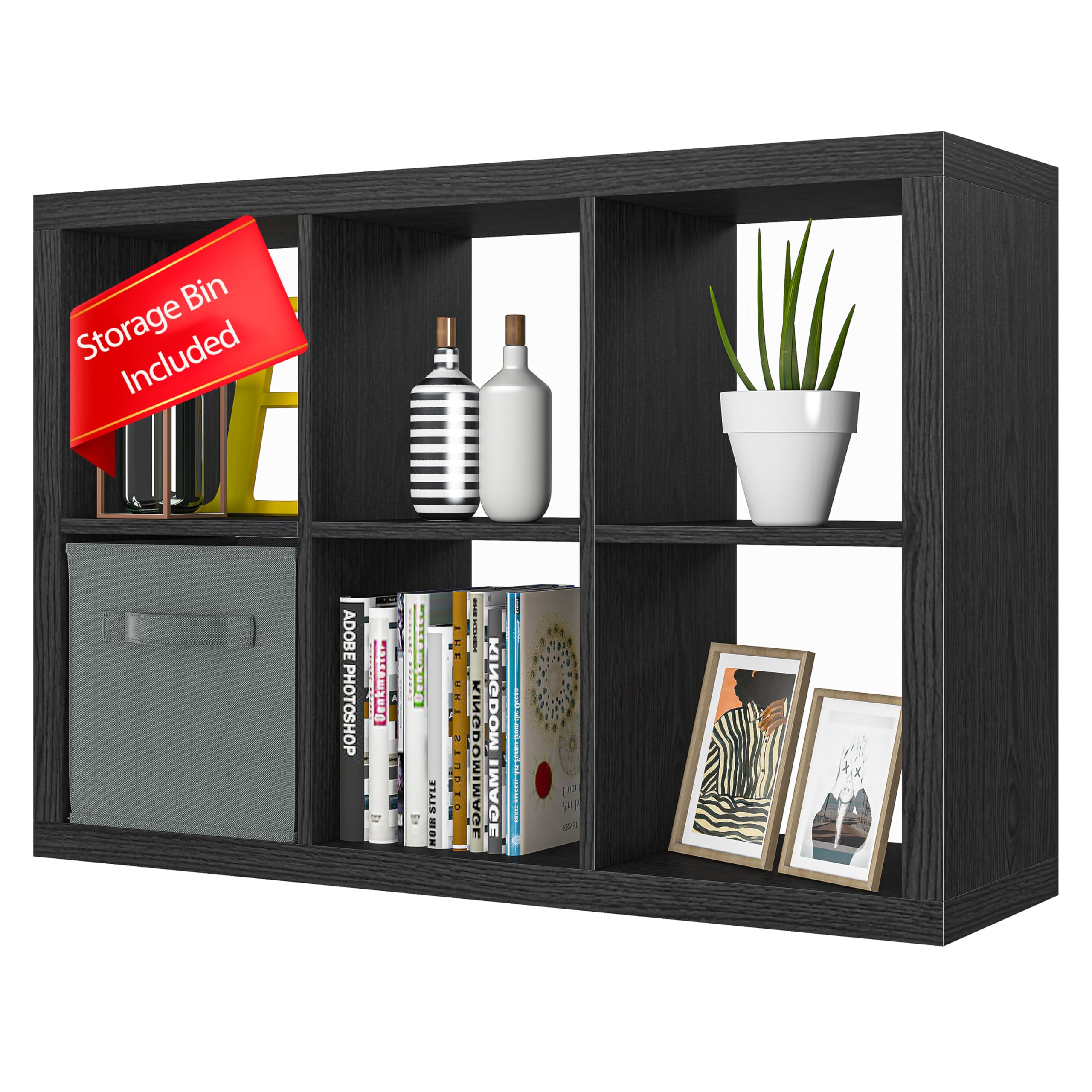6-Cube Bookshelf with Fabric Storage Bins — Open Bookcase & Display Shelf, Floor-Standing (Black)