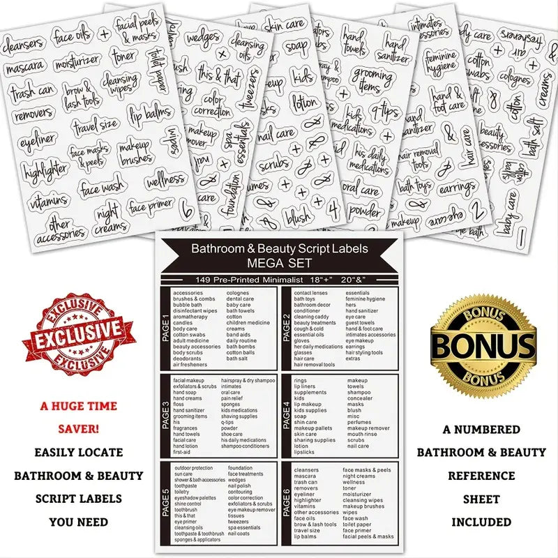 Waterproof Bathroom Organization Labels — 149 Piece Set