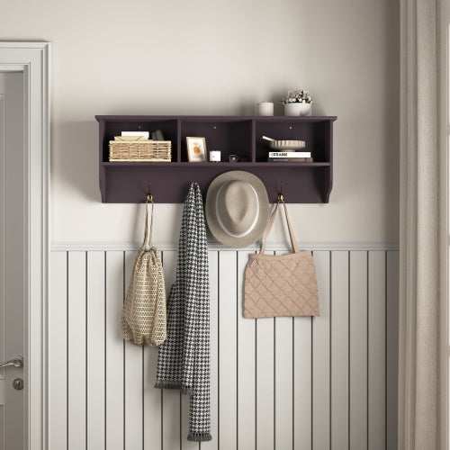 Wall-Mounted Coat Rack with 4 Dual Hooks & Storage Shelf — Entryway Organizer, MDF Wood (Espresso, 38.6" Wide)