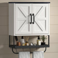 Farmhouse Bathroom Wall Cabinet with 2 Barn Doors, Adjustable Shelf & Towel Bar — Wall-Mount or Freestanding (White)