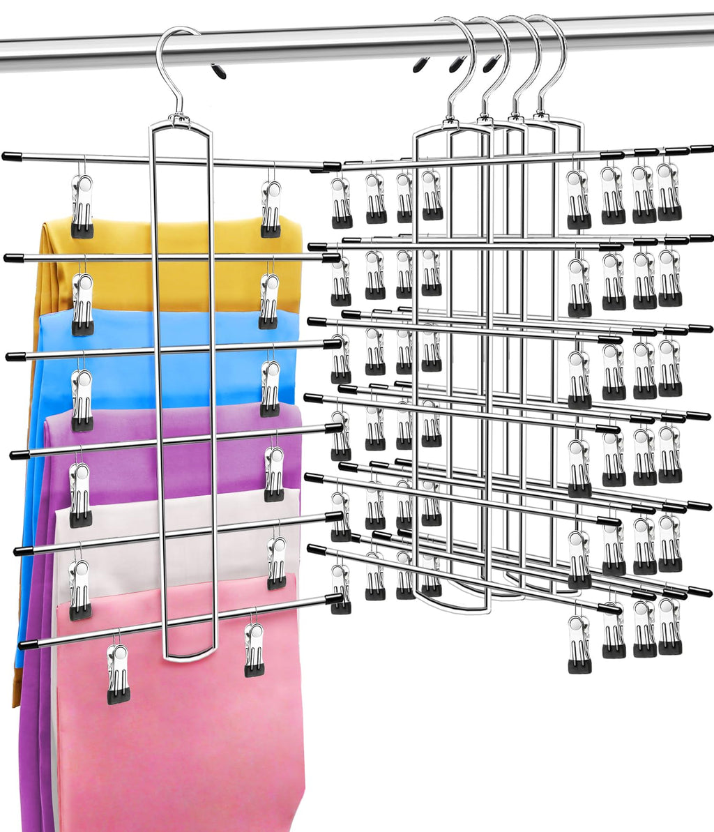 6-Tier Metal Pants & Skirt Hangers with Clips — 4 Pack