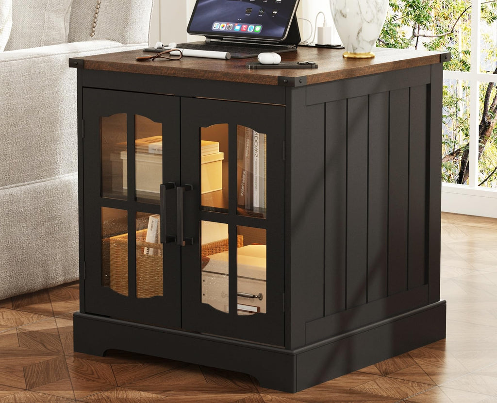 24" Rustic End Table with Charging Station, LED Light & Adjustable Shelf — Square Sofa Side Table (Black & Espresso)