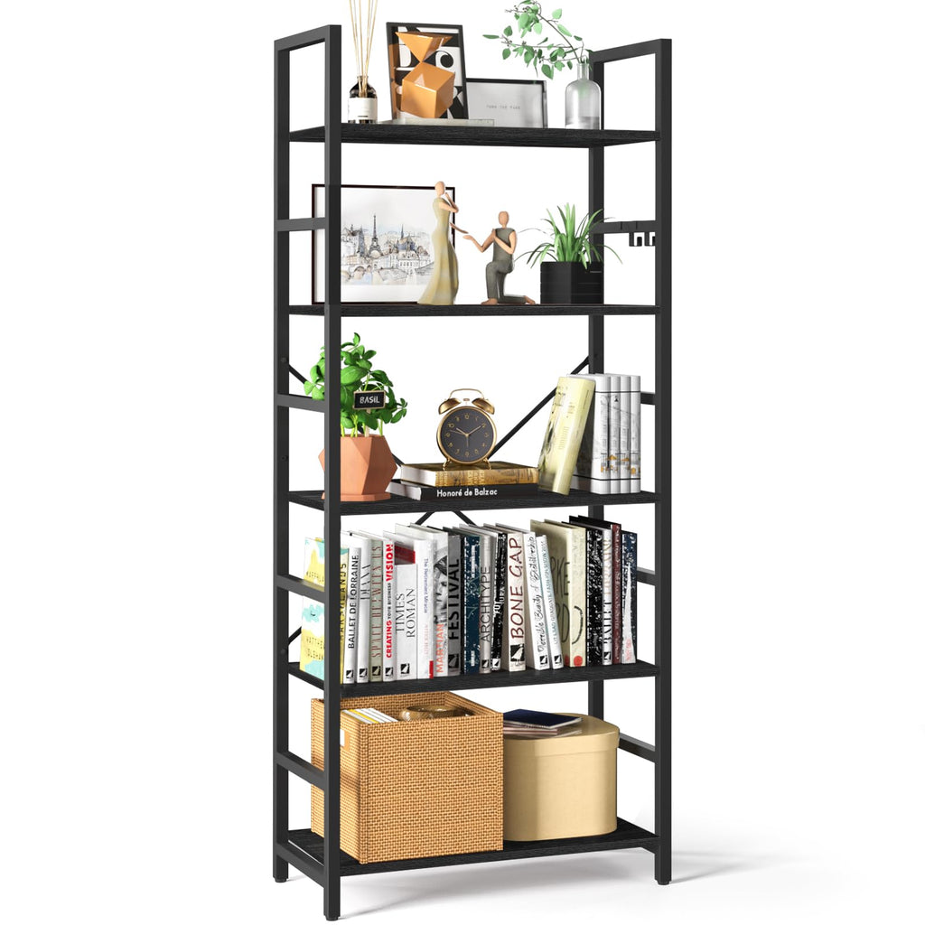 5-Tier Industrial Tall Bookshelf — 62" Modern Bookcase & Display Shelf for Bedroom, Office & Living Room (Black)