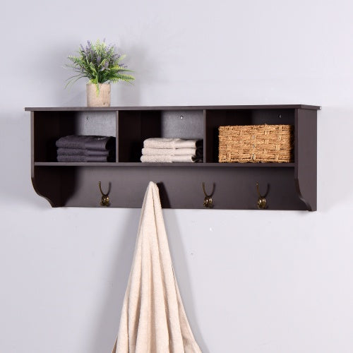 Wall-Mounted Coat Rack with 4 Dual Hooks & Storage Shelf — Entryway Organizer, MDF Wood (Espresso, 38.6" Wide)