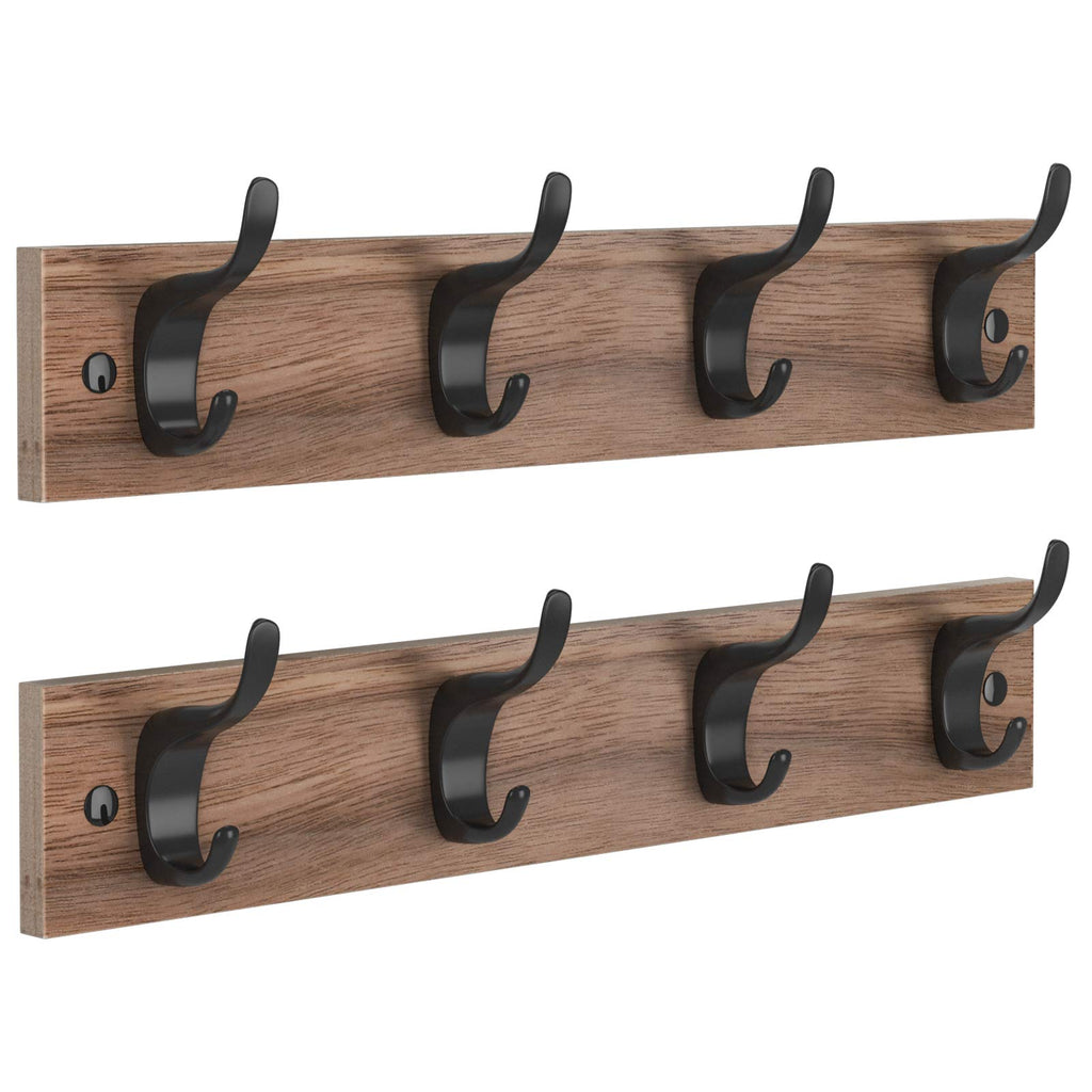 Wall-Mount Coat Rack with 4 Double Hooks — Set of 2 Entryway Organizers (Brown Wood)