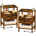 Set of 2 Nightstands with Charging Station, USB Ports & Drawer — 3-Tier Wood Bedside Tables (Brown)