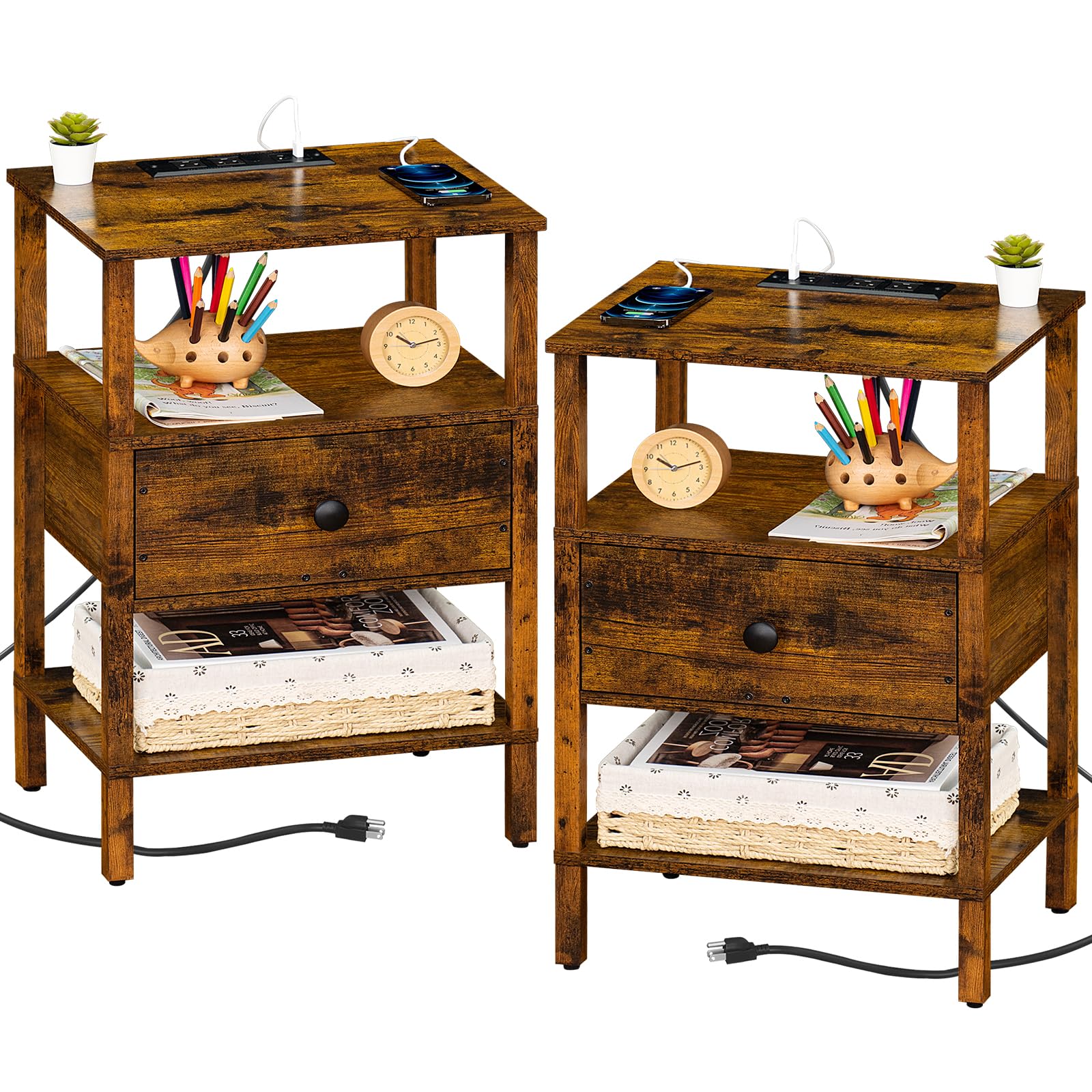 Set of 2 Nightstands with Charging Station, USB Ports & Drawer — 3-Tier Wood Bedside Tables (Brown)