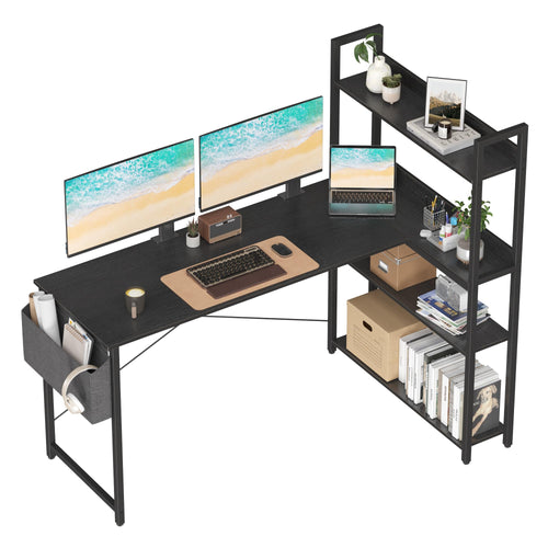 55" L-Shaped Corner Desk with 4-Tier Shelves & Storage — Home Office & Bedroom (Black)