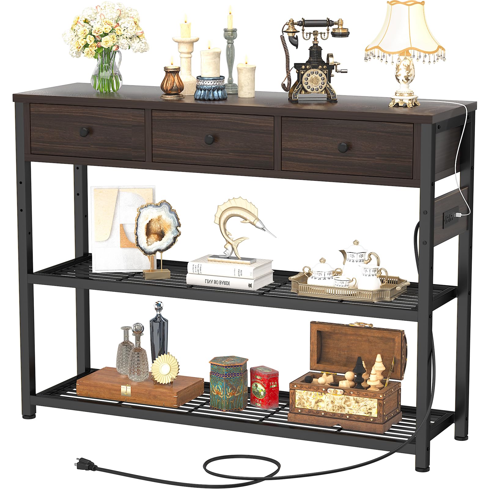 47" Console Table with Outlets & USB Ports — 3 Drawers, Storage Shelves & Charging (Black Walnut)