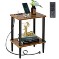 End Table with Charging Station & 2-Tier Storage Shelves — 2 USB Ports & 2 Outlets, Compact Nightstand (Rustic Brown)