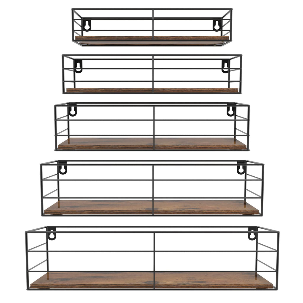 Floating Wall Shelves — Set of 5 Multi-Size with Front Railing, MDF Wood (Brown)