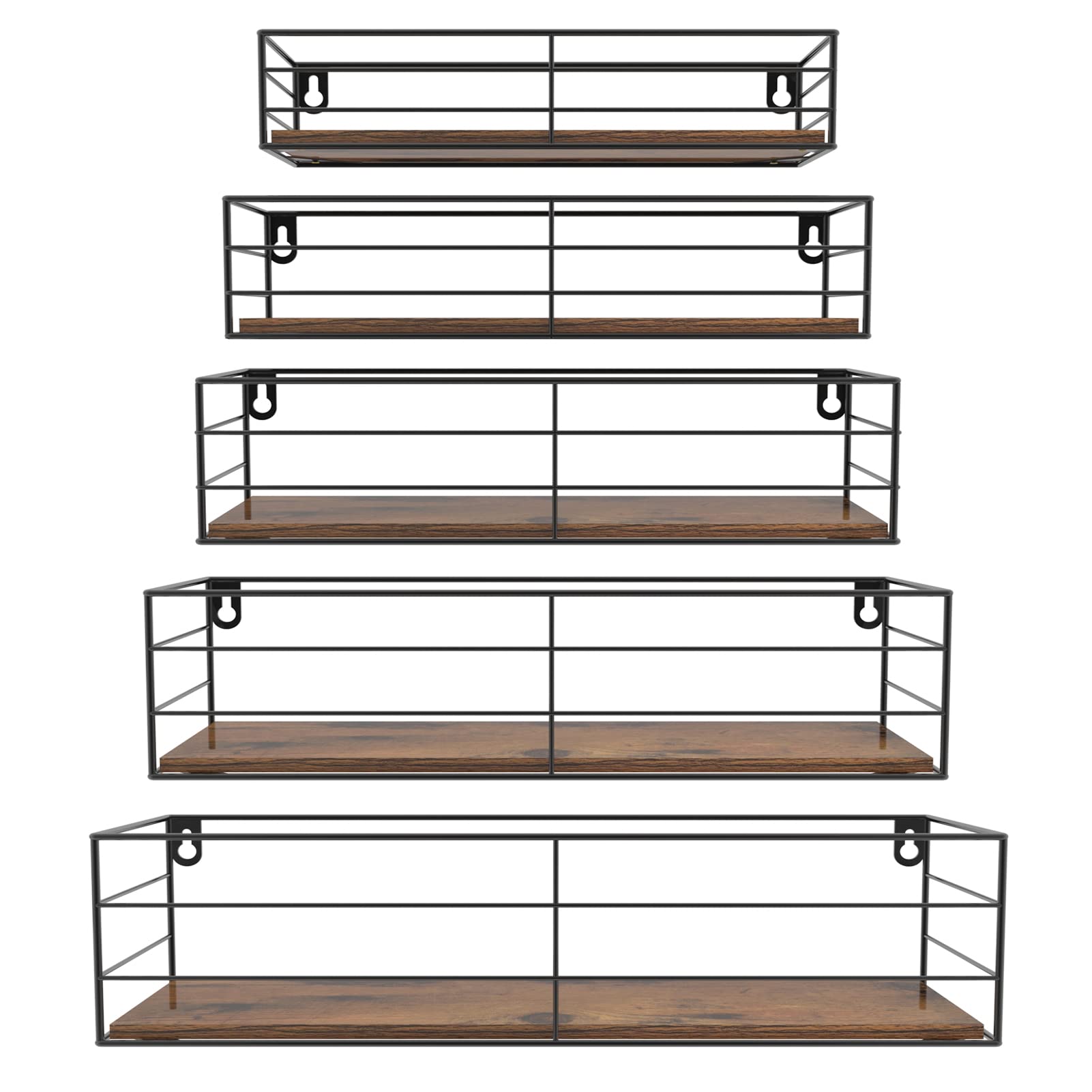 Floating Wall Shelves — Set of 5 Multi-Size with Front Railing, MDF Wood (Brown)