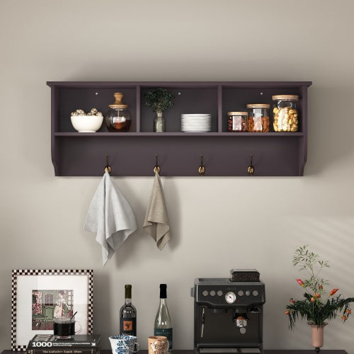 Wall-Mounted Coat Rack with 4 Dual Hooks & Storage Shelf — Entryway Organizer, MDF Wood (Espresso, 38.6" Wide)